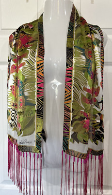 Laurel Burch Tropical Jungle Print Scarf Beaded Tassel Cats Parrots Colorful
