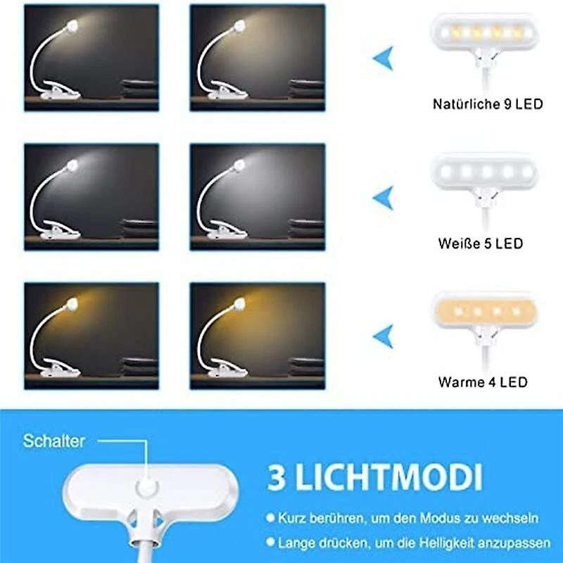Tischlampe Leselampe Buch klemmleuchte 9 LED mit 3 Farbtemperaturen und dimmbar - Bild 4 von 4
