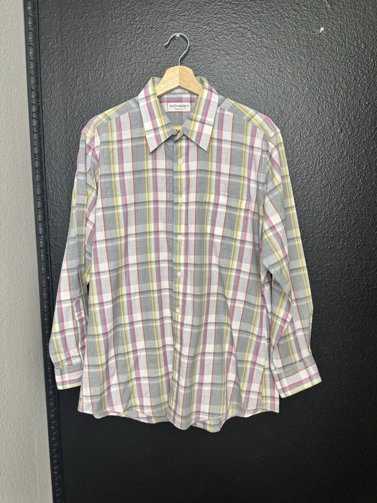 SAINT LAURENT (YSL) Camicia elegante vintage Yves Saint Laurent YSL grigia a quadri manica lunga taglia 16 5 32 33