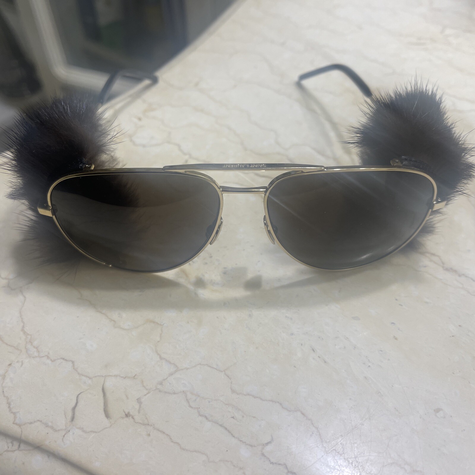 RARI occhiali da sole aviatore originali SAINT LAURENT in pelliccia di visone CLASSICI 11 SCUDI YSL