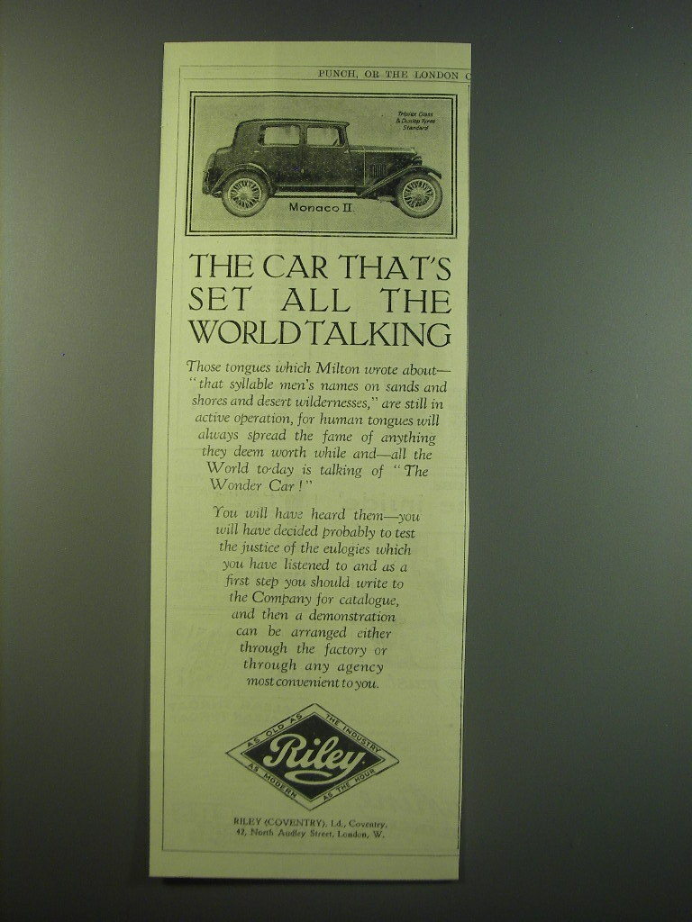 1930 Riley Monaco II Car Ad - The car that's set all the wold talking ...