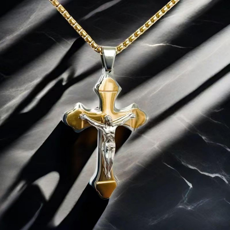 Mens Cross Necklaces, Gold Stainless Steel Cross Pendant Necklace For