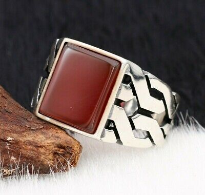 Solid 925 Sterling Silver Ivy Design Red Agate Stone Men's Ring