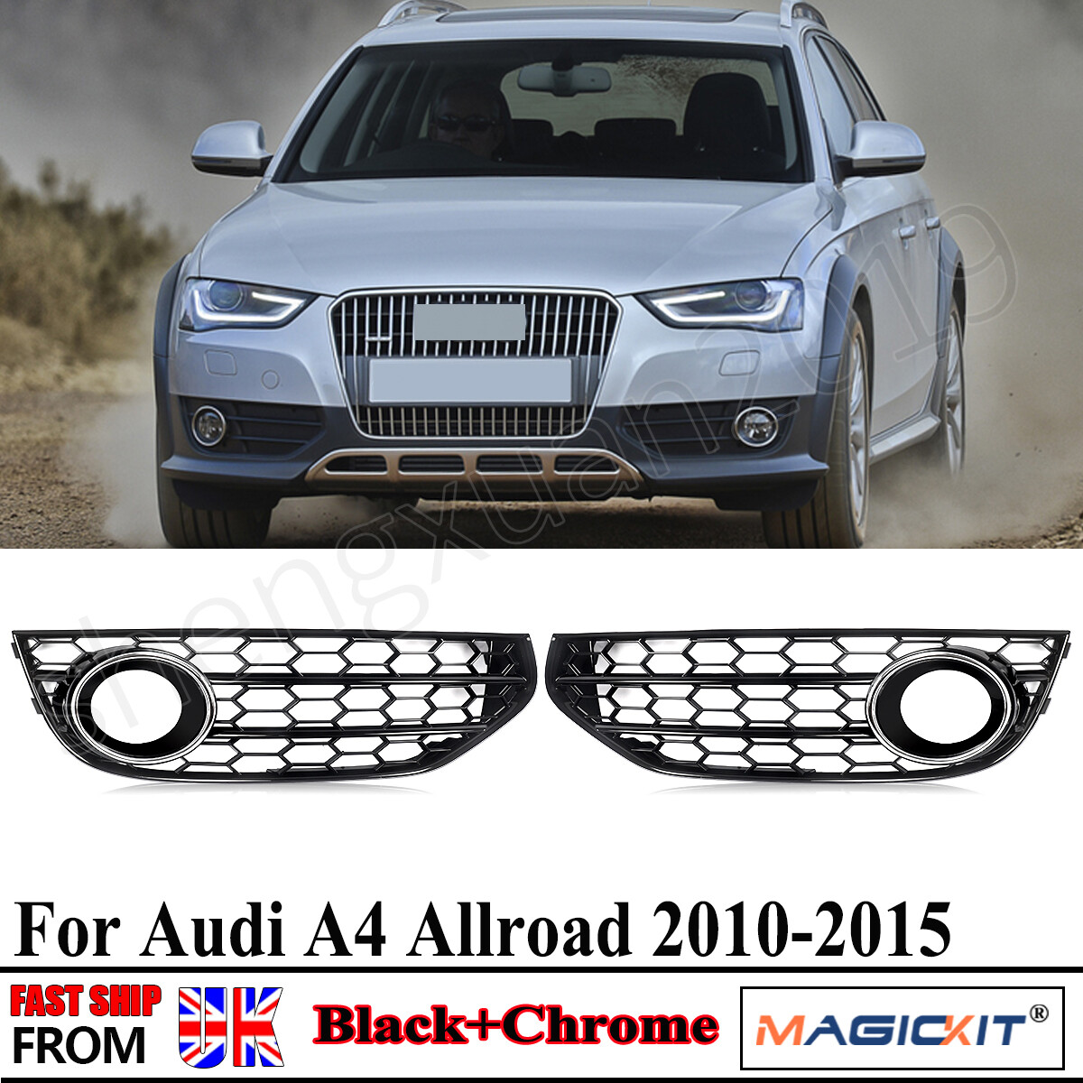For Audi A4 B8 B8.5 Allroad 2009-15 Black&Chrome Honeycomb Fog Light Grill Cover