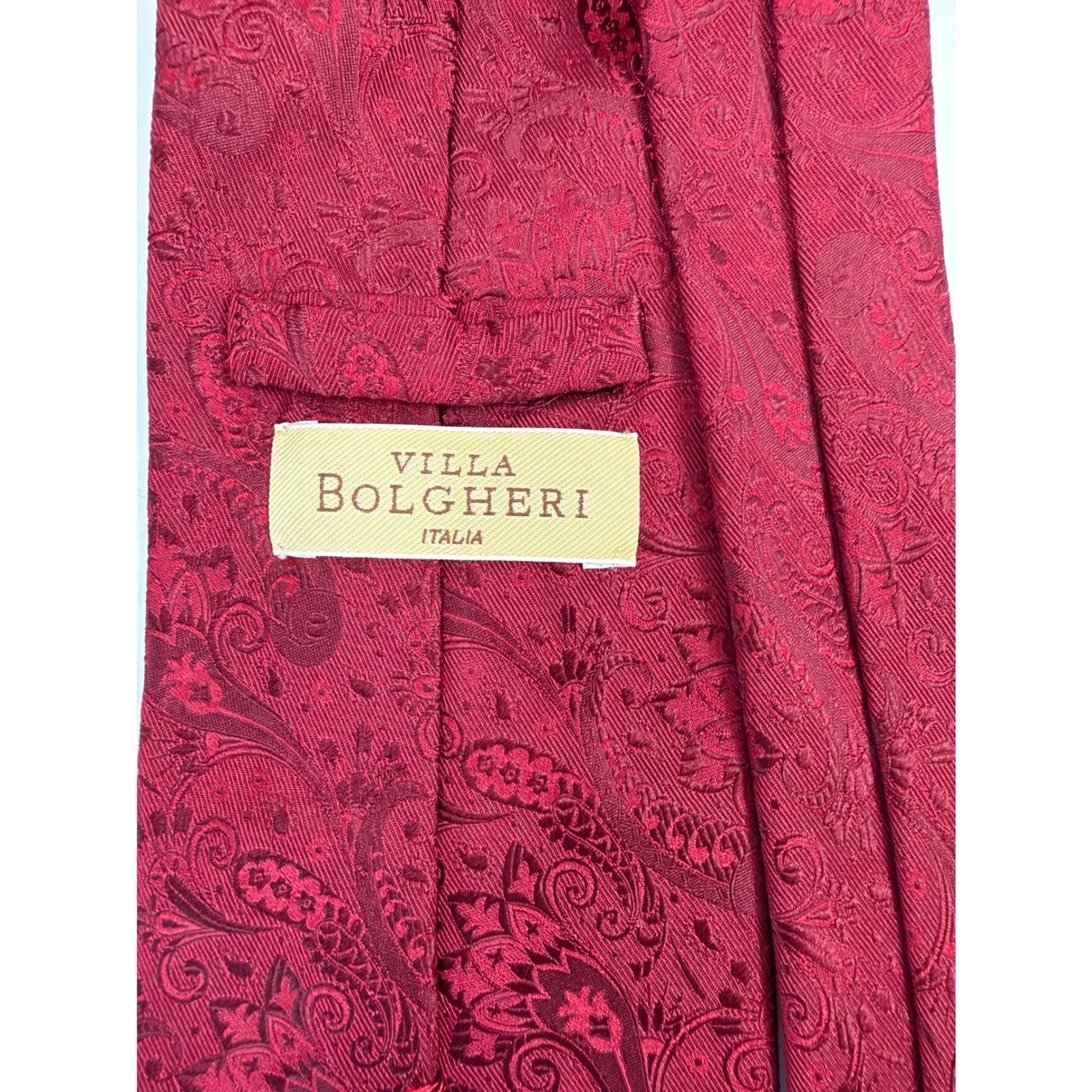 Villa Bolgheri Italia 100% Silk Tie Burgundy Red Paisley Jacquard Made Italy - product detail image 2