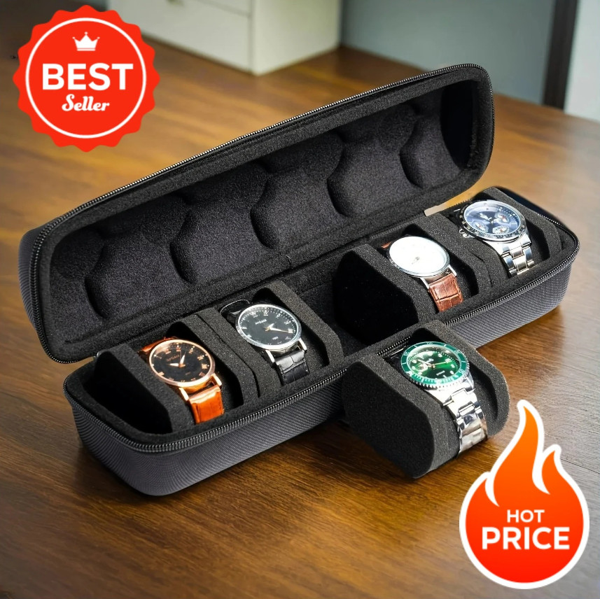 1pc Black 5-Slot Watch Travel Case Hard Organizer Box with Pillow Insert - NEW