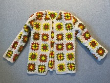 Vintage Granny Squares Hippie Boho Cardigan Sweater Green Orange Yellow S
