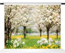 Spring Backdrop White Sakura Green Grass Natural Forest Photo Props 7x5ft
