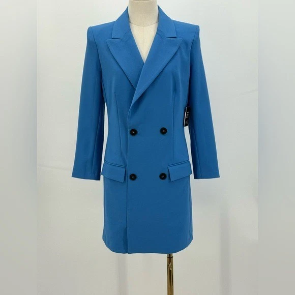 Blazer Express Azul Doble Pecho Acolchado Hombro Mini Blazer Vestido Talla XS Foto 3 de 4