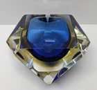 Read VTG Murano Glass Sommerso Faceted Diamond Blue & Yellow Geode Bowl Ashtray