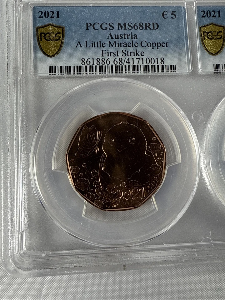 AUSTRIA 2021 5 Euro Pair - A little Miracle - Copper + Silver - PCGS MS 68RD/70 - Image 2 of 4