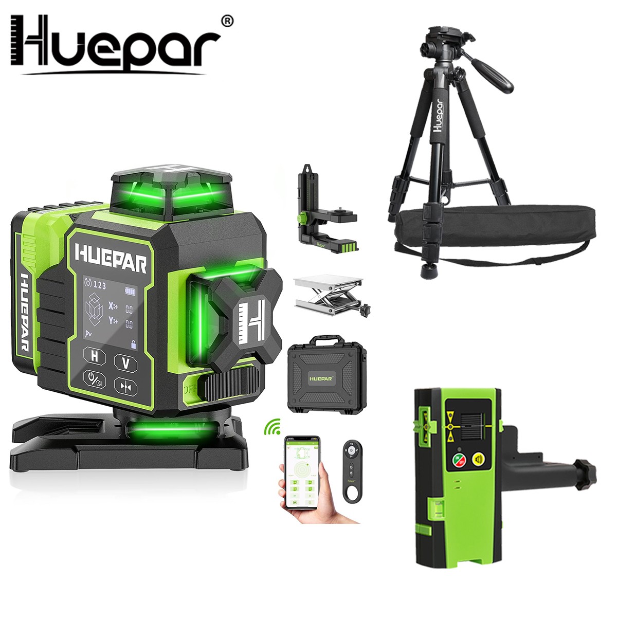 Huepar 4x360° Self leveling Cross Laser Level with LCD + Receiver + 143cm Tripod
