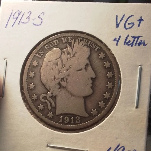 Antique Vintage 1913 S Barber Half Dollar VG+ Circulated Silver 50C Coin