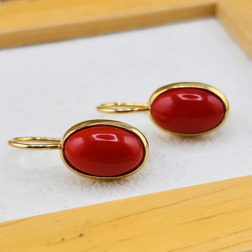 Orecchini pendenti argento 925 dorato cabochon corallo rosso naturale monachella - Immagine 2 di 4