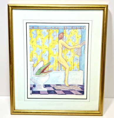 Jonathan Heath Toilet Terror Bathroom Shower Alligator Framed Matted Signed #'d
