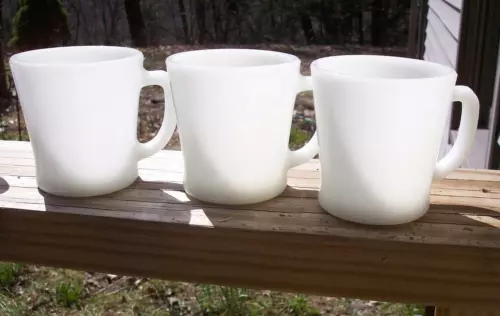 3 Vintage Anchor Hocking White Milk Glass D-Handle Coffee Cup Mug 3 1/2"
