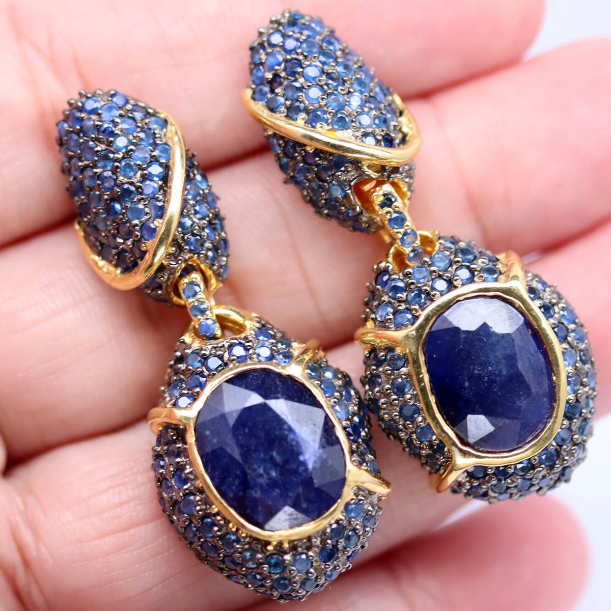 Gemstone Heated 11 x 15 MM. Blue Sapphire Two Tone Earrings