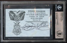 Ernest Childers d2005 signed autograph Army WWII MOH Business Card BAS Slabbed
