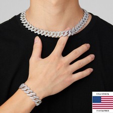 Gift For Men Set/2pcs Cuban Link Chain Miami Solid Necklace Bracelet White Gold