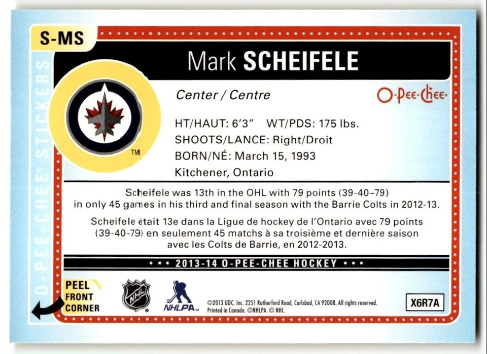 2013-14 O-Pee-Chee Stickers Mark Scheifele #S-MS Winnipeg Jets - Image 2 of 2