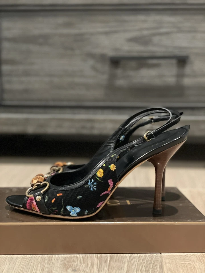 Женские черные бамбуковые туфли на каблуке с цветочным узором Gucci размер 9,5 - Изображение 3 из 4