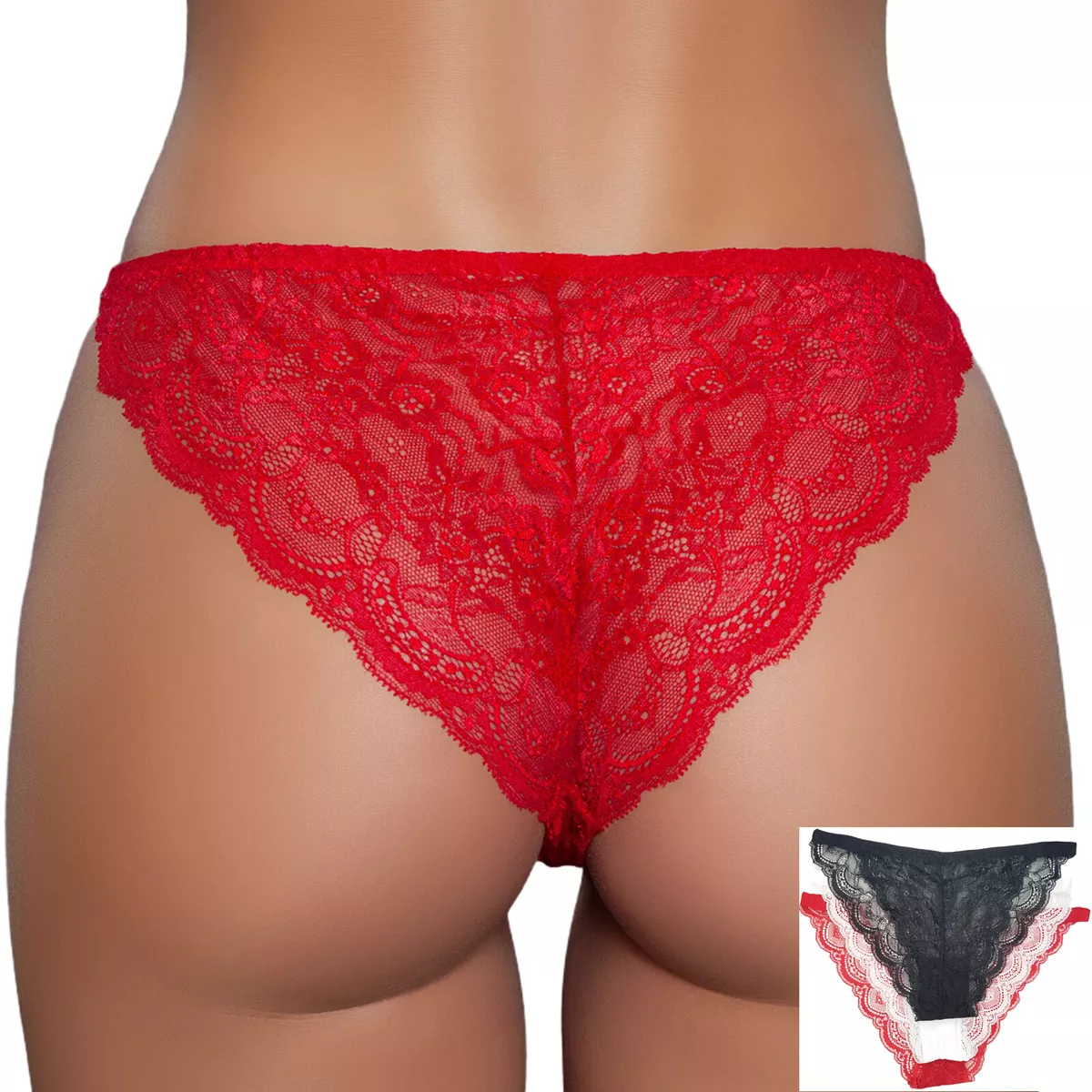 Lace Tanga Panty Brazilian Cut Scalloped Trim Panties 3 Color Pack 2097