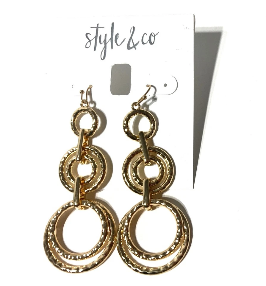 PENDIENTES MODERNOS ESTILO & CO ESLABÓN TEXTURIZADO TONO DORADO TRIPLE GOTA NUEVOS CON ETIQUETAS Foto 2 de 4