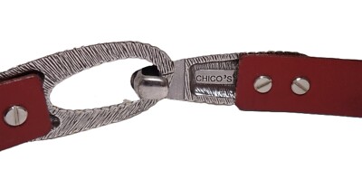 CHICO\'S Red  Leather lide Adjustable Belt M/L Two Tone Silver Gold Hook Buckle Vintage Chico main image 4