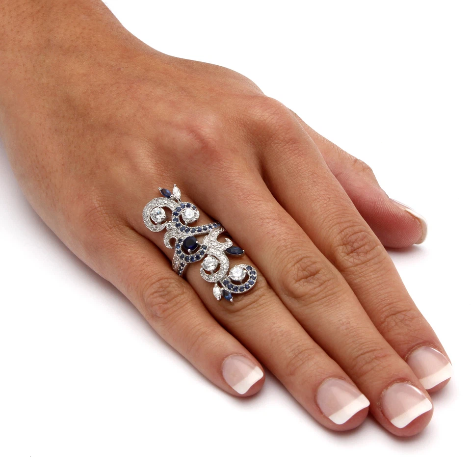 3,81 Cttw. Anillo de vid de plata .925 con zafiro azul simulado y circonita cúbica Foto 3 de 4