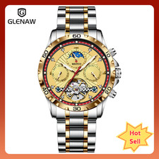 GLENAW Men's Skeleton Tourbillon Date Mechanical Watch with Luminous Hands