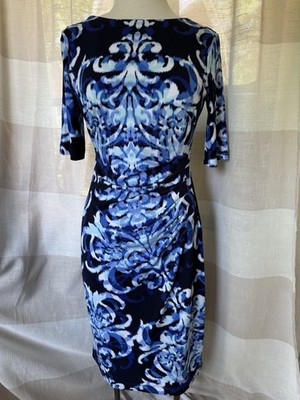 CONNECTED APPAREL Sheath Dress Sz 6 Blue Abstract Stretch Rusching Career NWOT￼