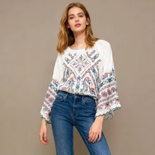 NWOT JOHNNY WAS Embroidered Floral Bohemia SHIRT Blouse Oversized Sz S