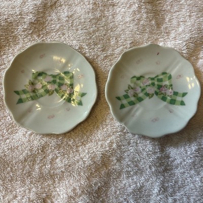 Pre-O Vintage Two-Piece Ceramic Child s Tea Plates 3 In. Ea. W/ Pink Roses/ Wht