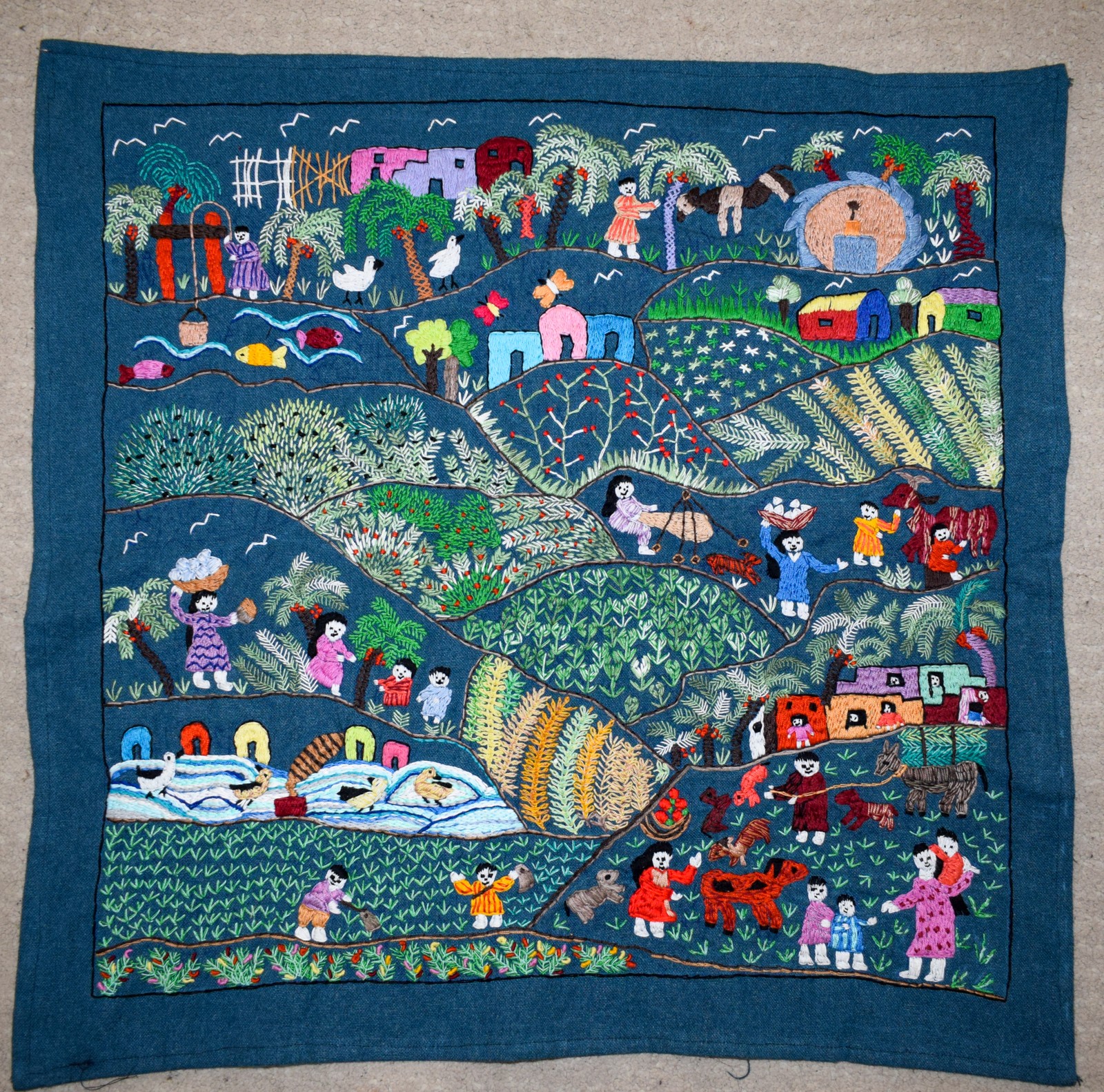 Hand Embroidered Folk Textile Art Village Scene Wall Decor-Tablecloth - Akhmim