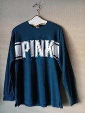 PINK Victoria's Secret Shirt Womens Medium Teal Long Sleeve Logo Graphic Top