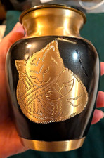 Brass Urn For Cat Ashes, Carved Cat Design, About 4" Tall