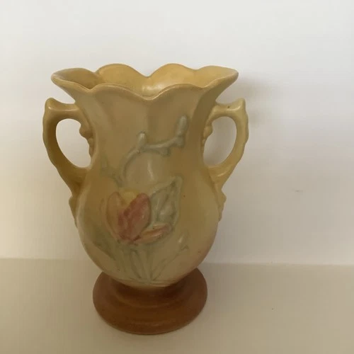 Hull Pottery Vase pattern Magnolia Matte Colors Yellow Pink 2 Handles 6.5" High