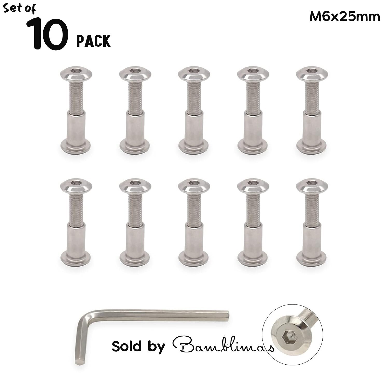10 Pack, M6x25mm Hex Drive Binding Bolts and Barrel Nuts for Leather Wood Furnit