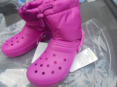 New Crocs Classic Lined Neo Puff Boot Women's Size Junior 2 Fuchsia Fun