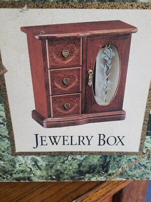New Vintage Ladies Walnut Finish Wooden Jewelry Box Stained Glass