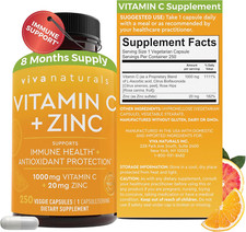 Vitamin C and Zinc Supplement 250 Capsules - 1000 Mg Vitamin C with Zinc 20...
