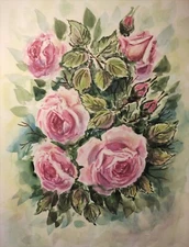 Original Painting Madern Artwork Flowers PINK ROSES Landscape Floral Gift A4