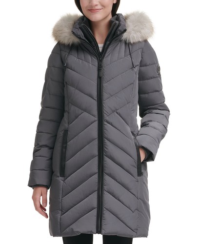 Dkny Women's Faux-Fur-Trim Hooded Puffer Coat - Charcoal - Size XL