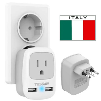 Italy Travel Power Adapter 3 Prong Grounded Plug with  USB Port to Uruguay Chile
