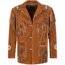 Mens Western Wear Suede Leather Cowboy Fringe Shirt Style  American Brown Jacket