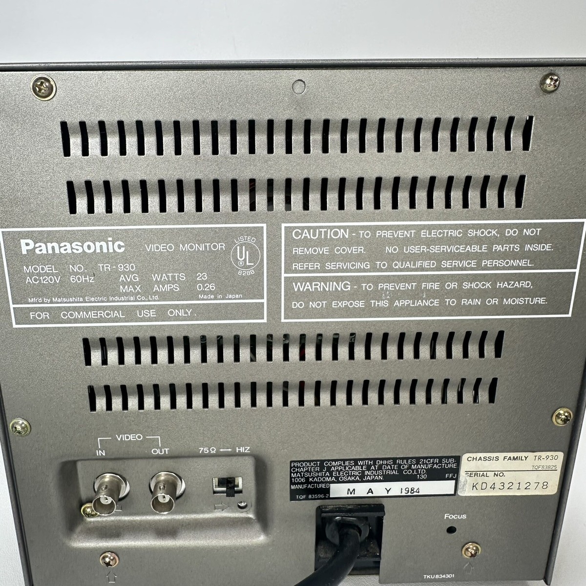 Retro 80's Panasonic TR-930 CCTV Analog BNC Mono B&W Monitor | eBay