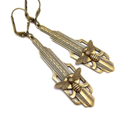 #ad Art Deco Bee Earrings Bumble Bee Antiqued Brass Honeybee Pendant Ren Faire Gift $37.00