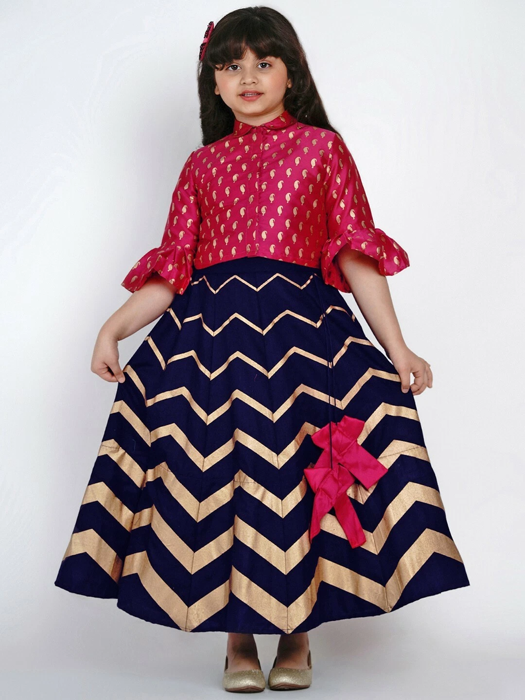 Girls Pink & Navy Blue Lehenga Choli Set | Size 4-5Y | Indian Wedding Outfit