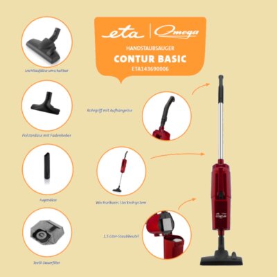 eta / Omega Contur Basic Handstaubsauger - 800W - Textil-Dauerfilter - rubinrot