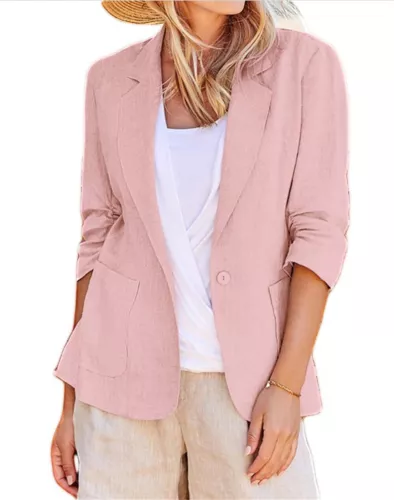 Mujeres Blazer de Algodón Manga 3/4 Acanalado Forrado Traje Informal Elegante Chaqueta de Trabajo Asiática - Imagen 19 de 33